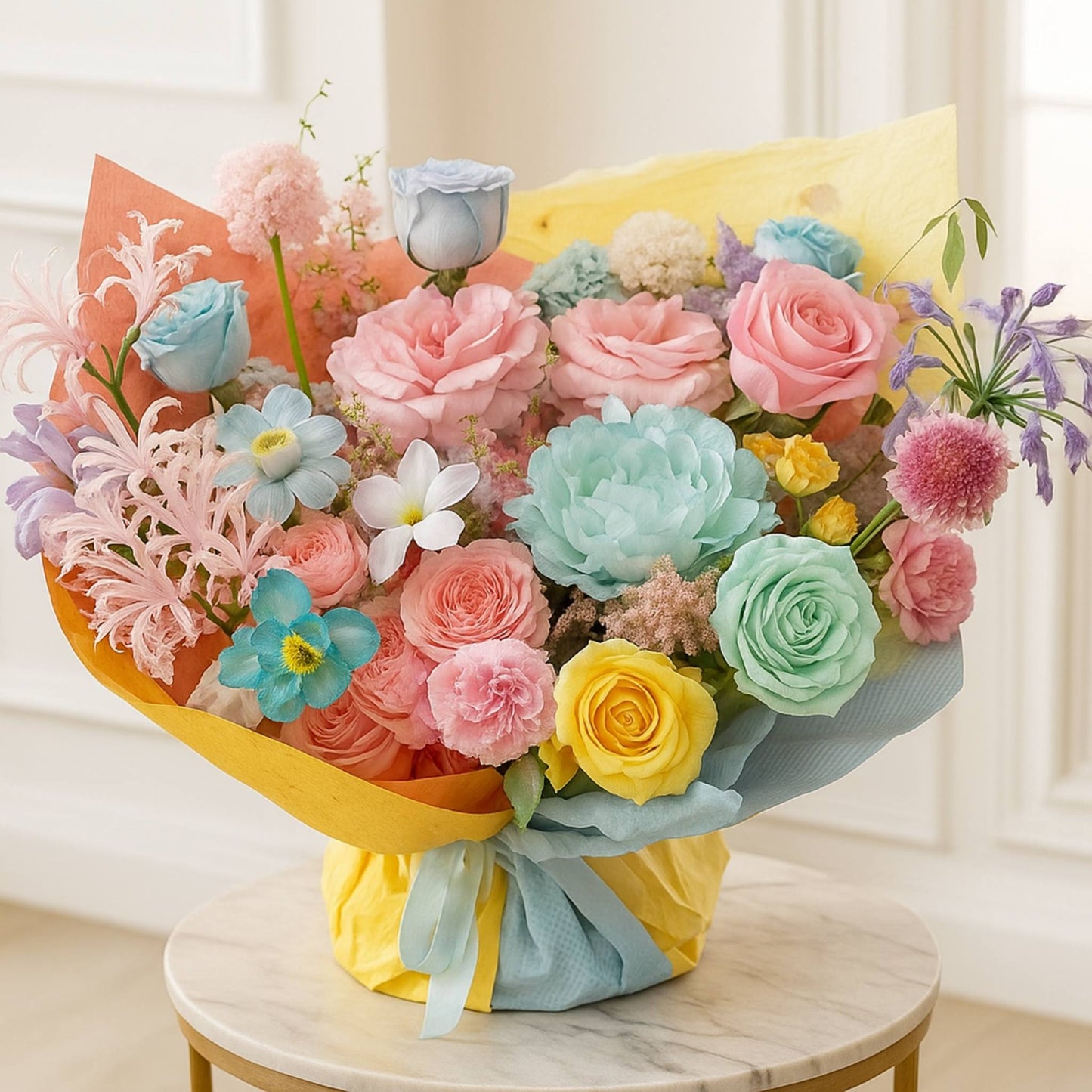 Bouquet of colorful flowers wrapped in yellow paper on a marble surface.