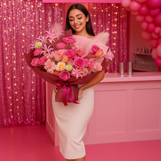 Woman holding a bouquet of flowers in a pink-themed room