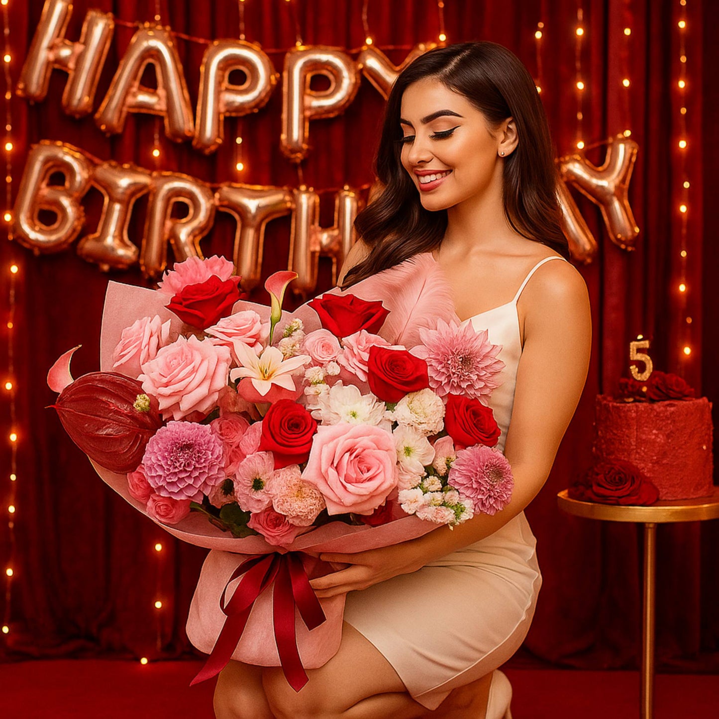 Woman holding a bouquet of flowers with 'Happy Birthday' balloons and a cake in the background.