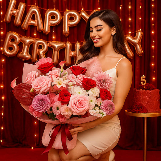 Woman holding a bouquet of flowers with 'Happy Birthday' balloons and a cake in the background.