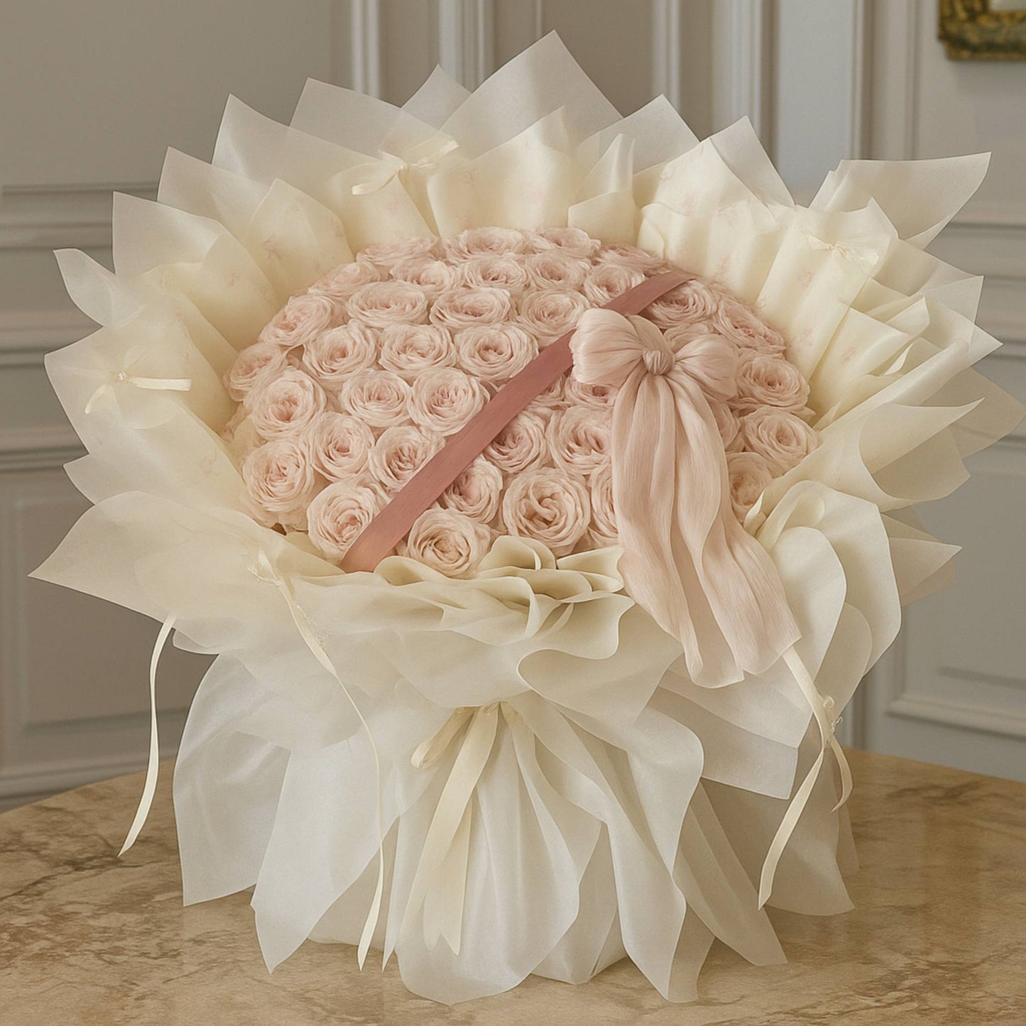Large bouquet of pink roses with white paper and ribbons on a wooden surface.