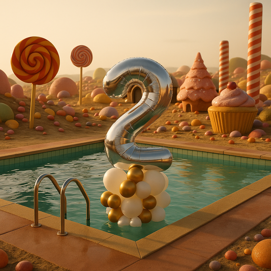 Silver balloon shaped like the number '2' by a pool with candy-themed surroundings