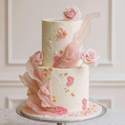 Delicate two-tiered cake with pink flowers and ruffles on a neutral background