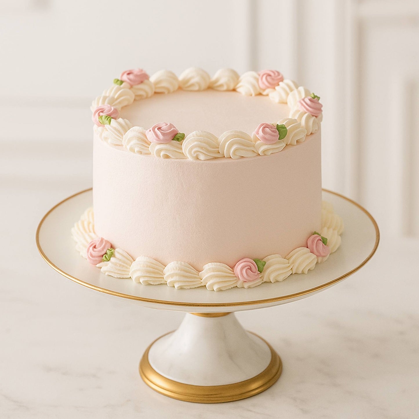 Pink cake with floral decorations on a white and gold cake stand against a white curtain background