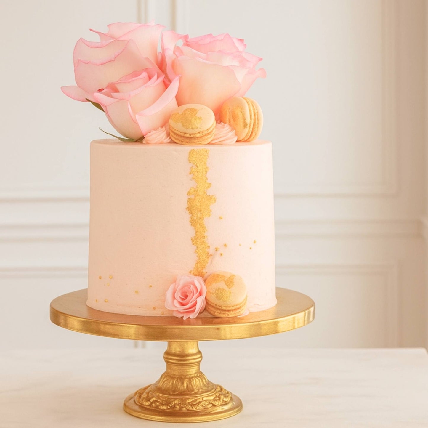 Pink cake with roses and macarons on a gold cake stand against a light background
