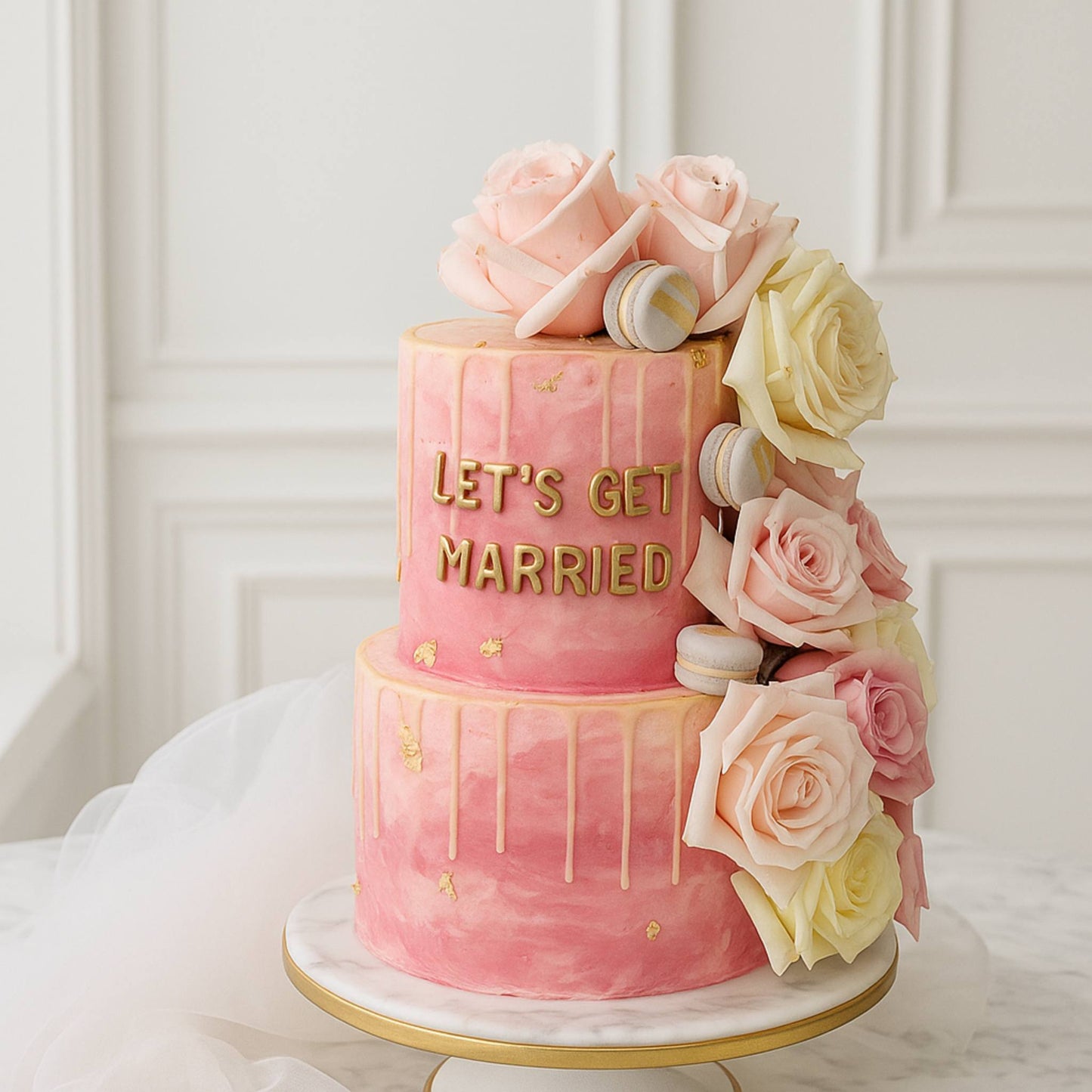 Pink wedding cake with roses and 'Let's Get Married' text on a white background