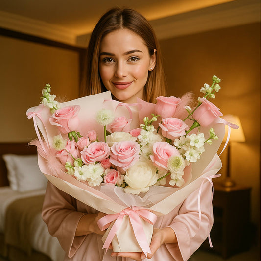 Woman holding a bouquet of pink and white flowers in a room setting.