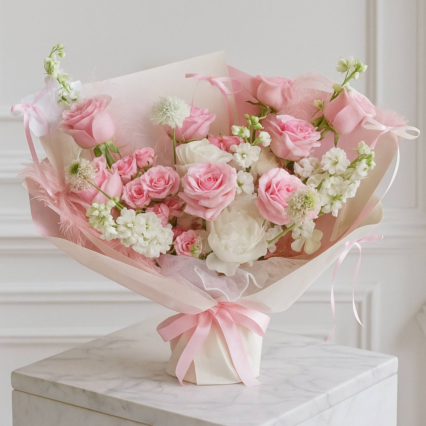 Bouquet of pink and white flowers wrapped in pink paper with a bow on a marble surface.