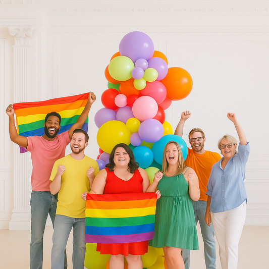Group of people holding rainbow flags and balloons in a celebratory setting.