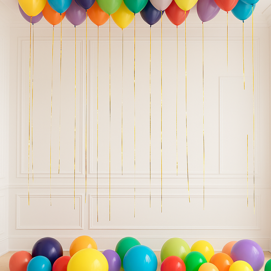 Colorful balloons hanging against a light-colored wall.