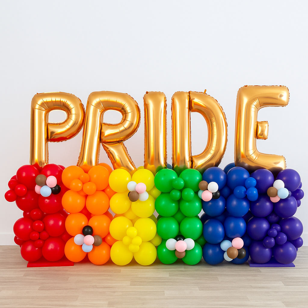 Gold 'PRIDE' balloons with rainbow-colored balloon letters on a white background