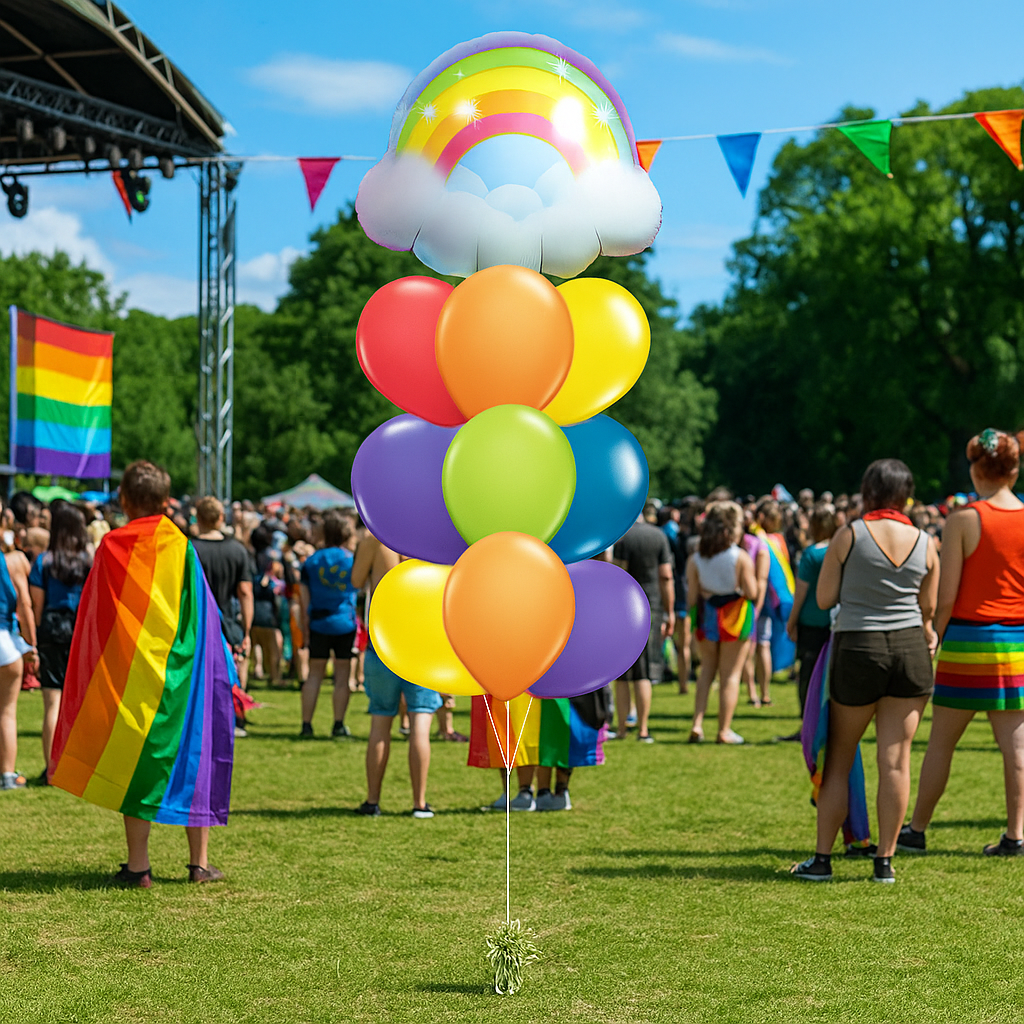 Colorful balloons shaped like a rainbow and cloud at a outdoor event with people and rainbow flags.
