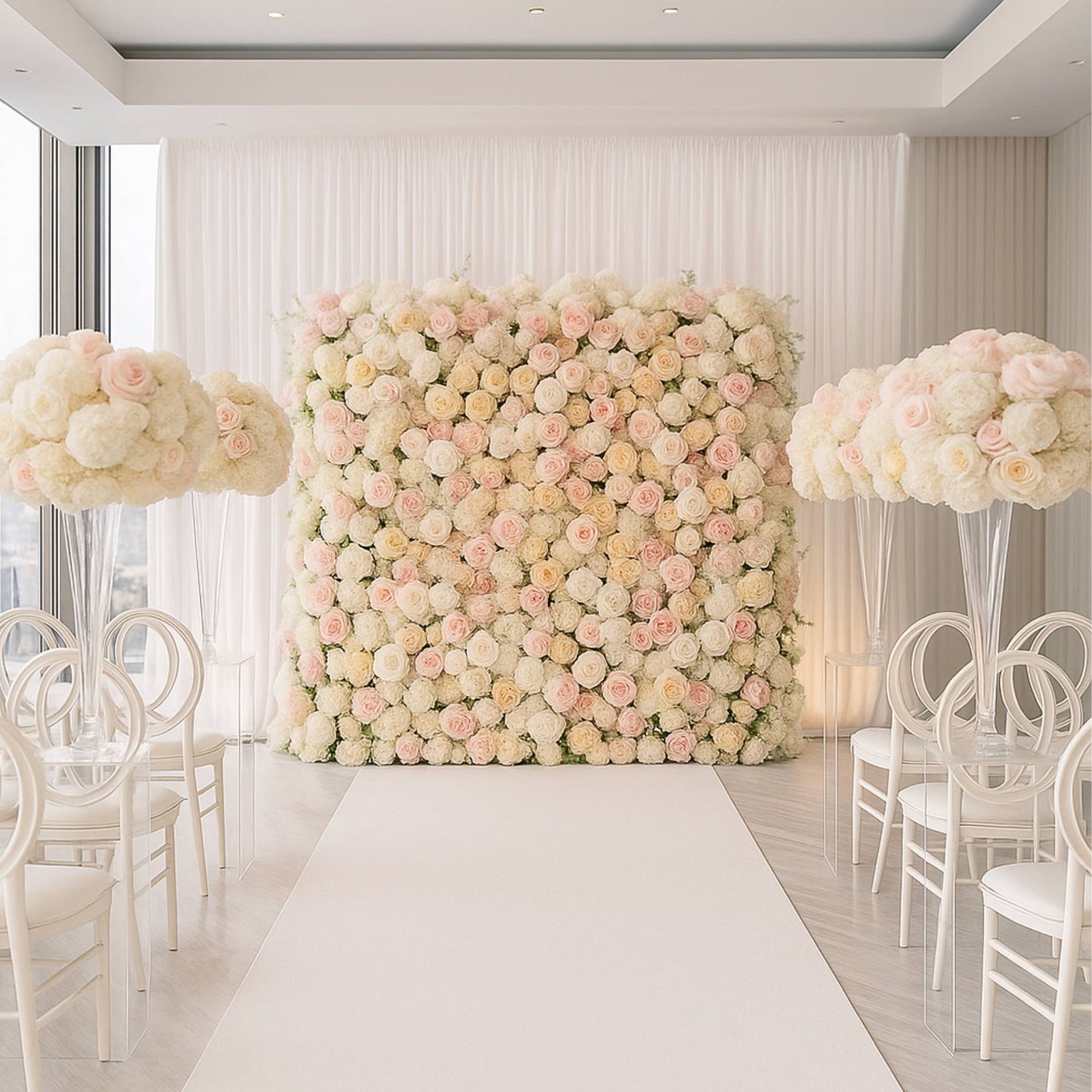 Decorative floral wall with pink and white flowers in a room with white chairs and a white carpet.