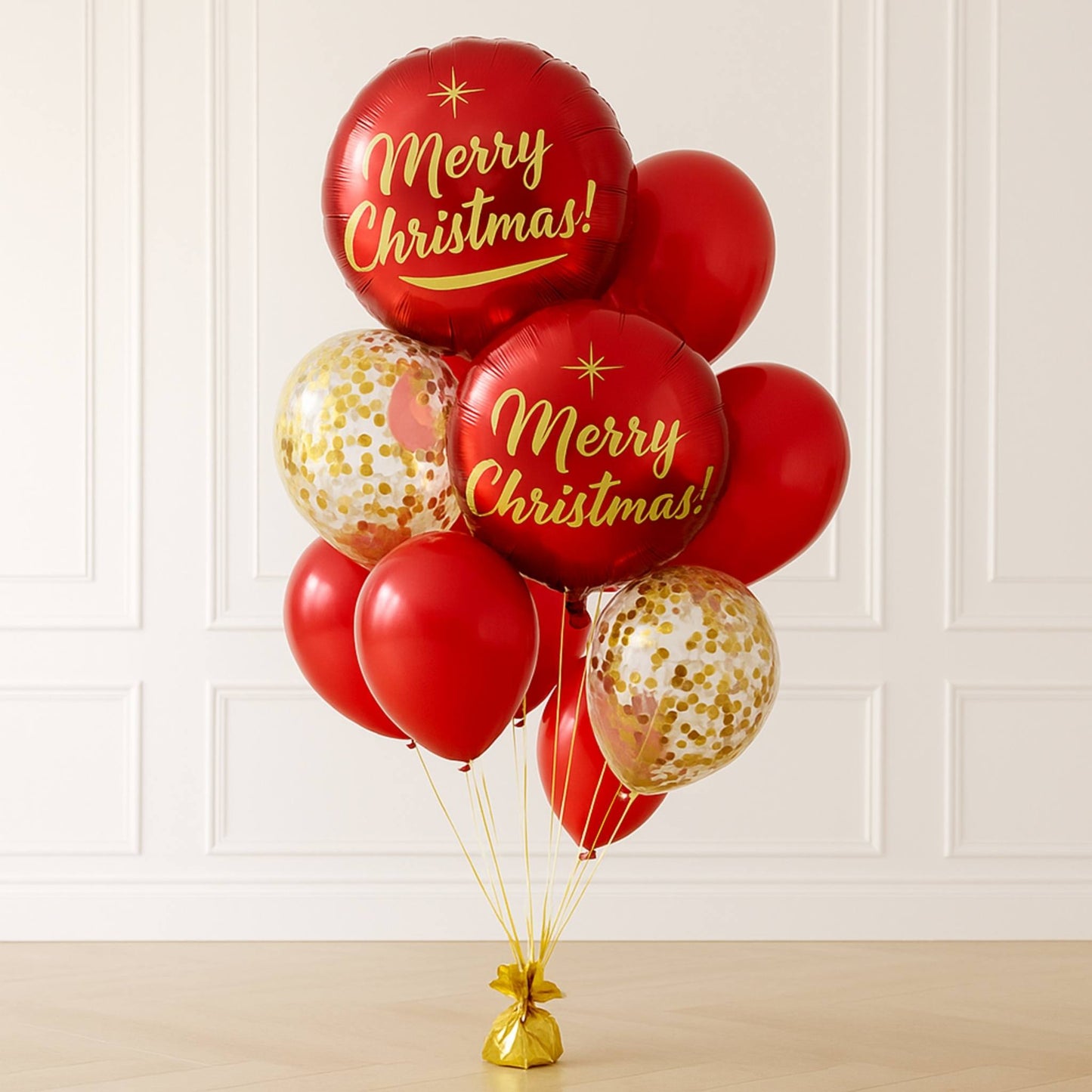 Bouquet of red and gold 'Merry Christmas!' balloons on a white paneled wall background.