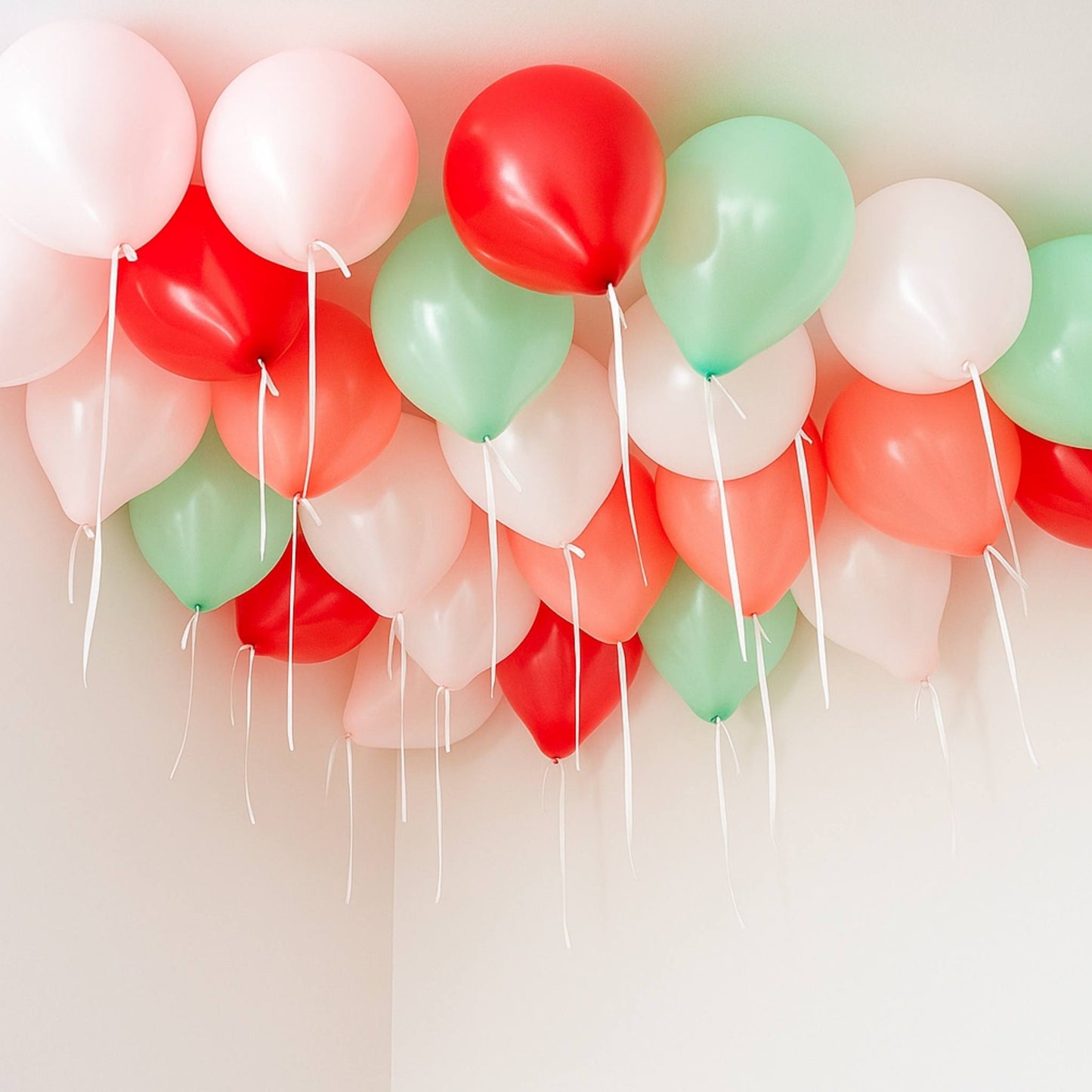 Balloon arch with red, green, and pink balloons on a light background