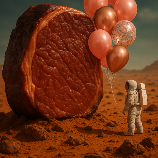 A person in an astronaut suit standing next to a large piece of meat with balloons in a desert-like setting.