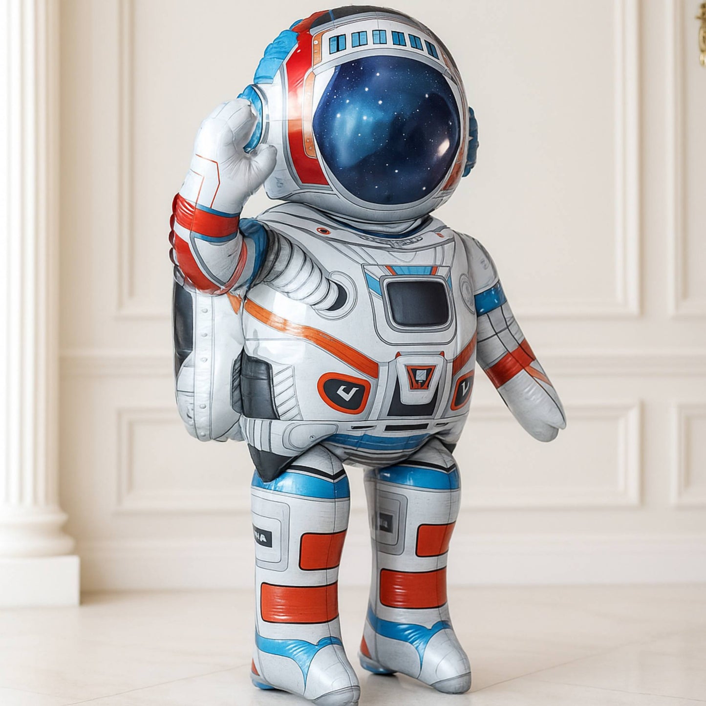 Astronaut-shaped balloon against a white wall