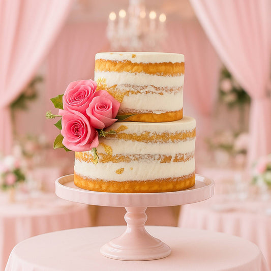 Two-tiered cake with gold accents and pink roses on a white stand against a blurred pink background