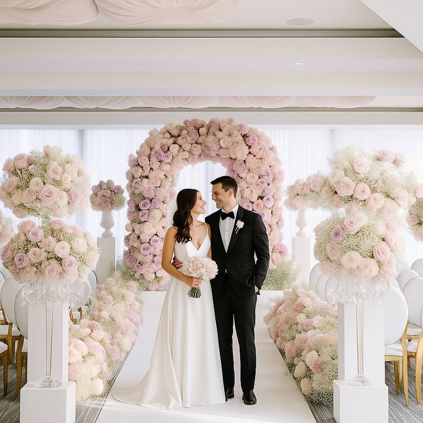 Couple standing under a floral archway at a wedding ceremony.