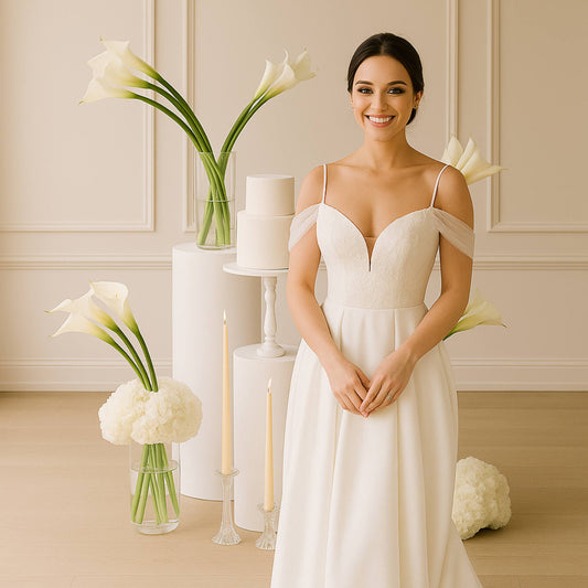Woman in a white dress standing in front of a decorated cake with flowers and candles.