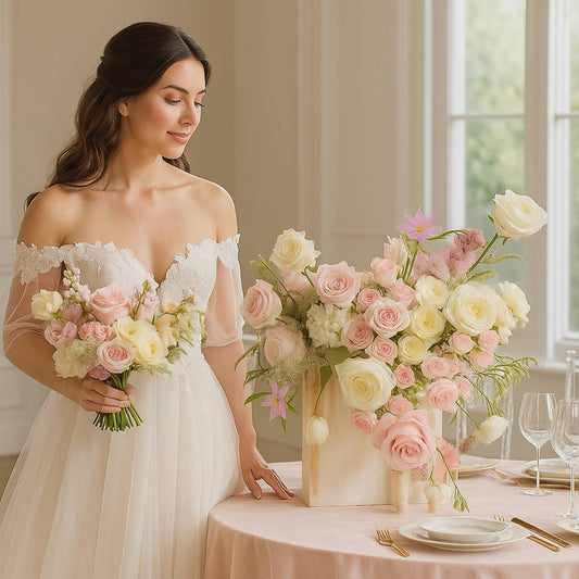 Woman in a white dress holding a bouquet of flowers in a decorated room.