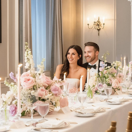 Man and woman sitting at a elegantly set table with floral arrangements and candles.