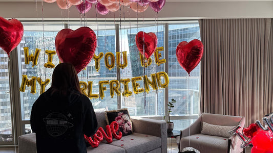 will you be my girl friend balloon decor setup in a hotel by oneupparty