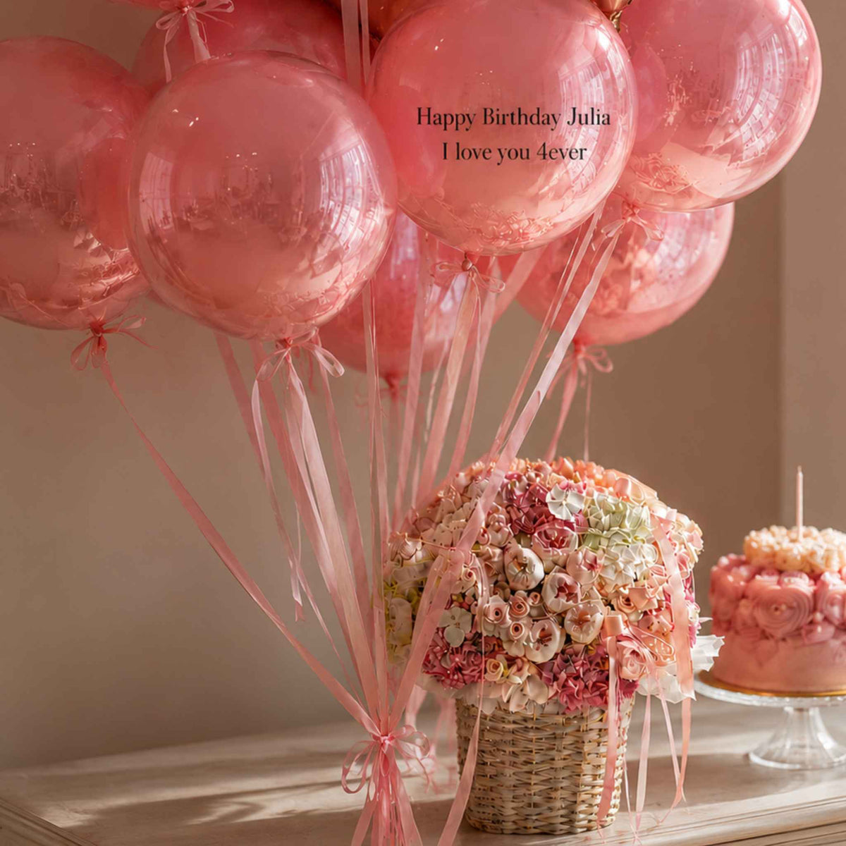 Pink Heart Balloon & Flower Basket Birthday Bundle