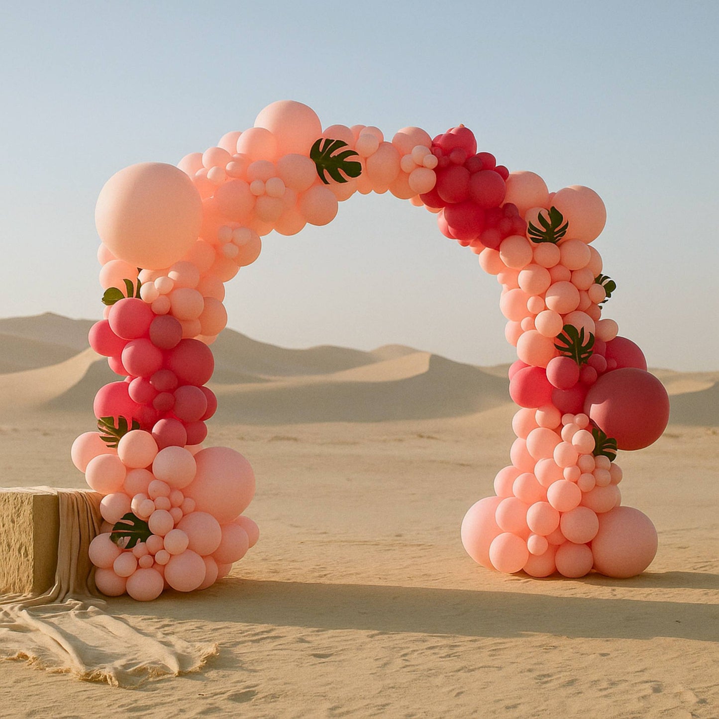 Balloon arch in pink and red colors with leaf decorations against a desert backdrop