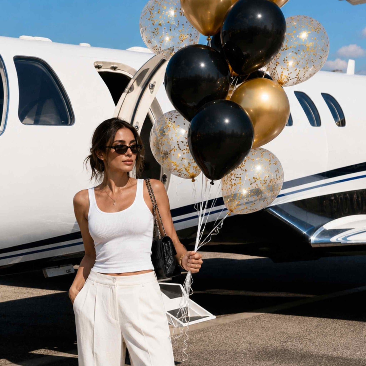 A woman in a white tank top and white pants stands in front of a white private jet, holding a cluster of black, gold, and clear confetti balloons.