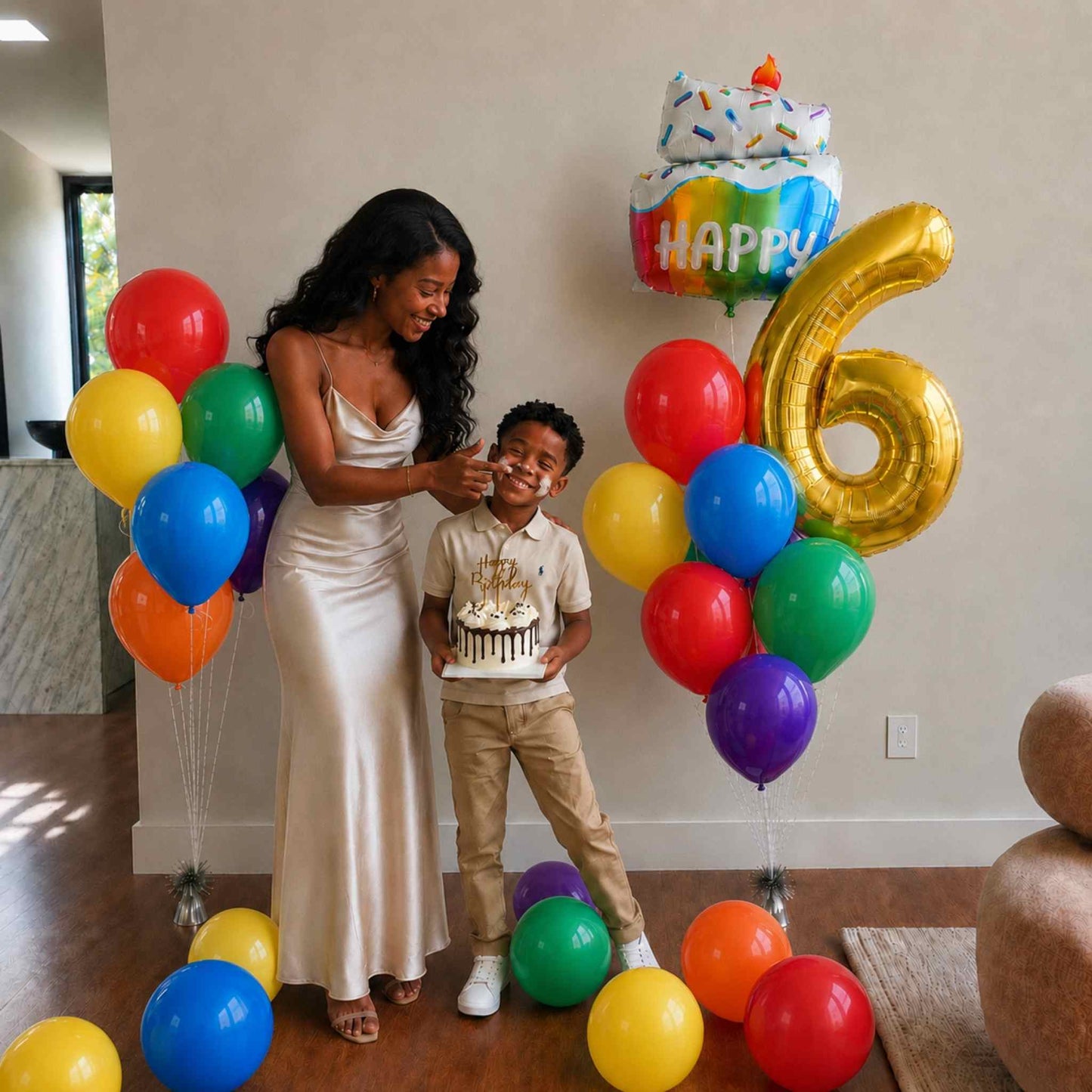 Woman and child celebrating a birthday with colorful balloons and a cake.
