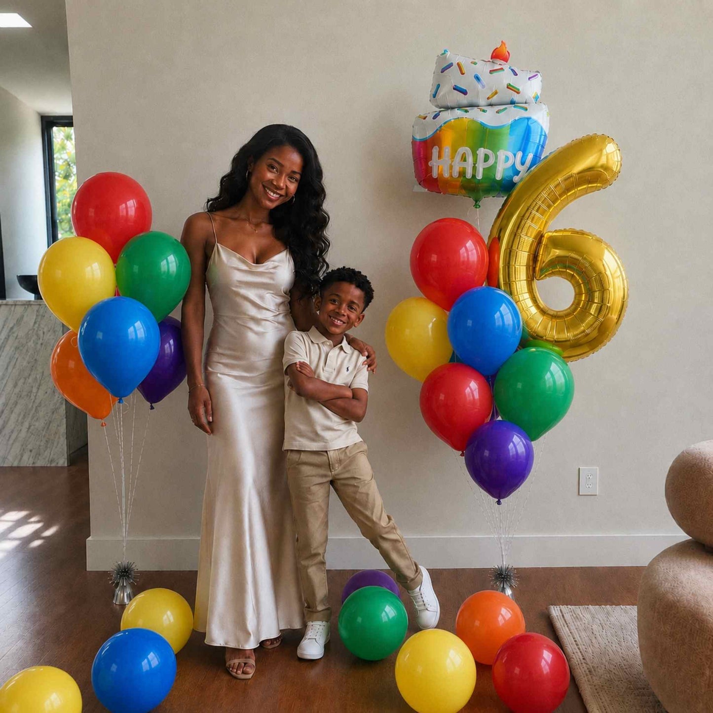 Woman and child standing together with colorful balloons and a birthday cake with number 6, indicating a celebration.