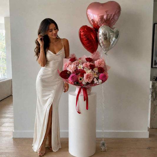 Woman in a white dress holding flowers and heart-shaped balloons in a room.