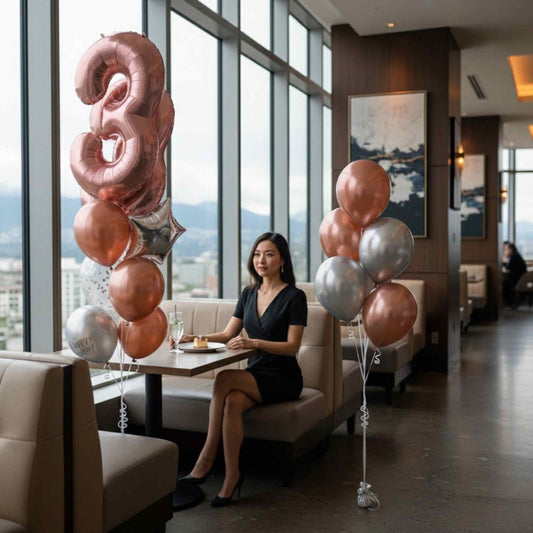 Woman sitting at a table with rose gold and silver balloons in a modern restaurant setting.