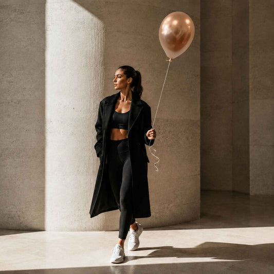 A woman in a black athletic outfit and long black coat walks through a sunlit concrete corridor while holding a metallic rose gold balloon.
