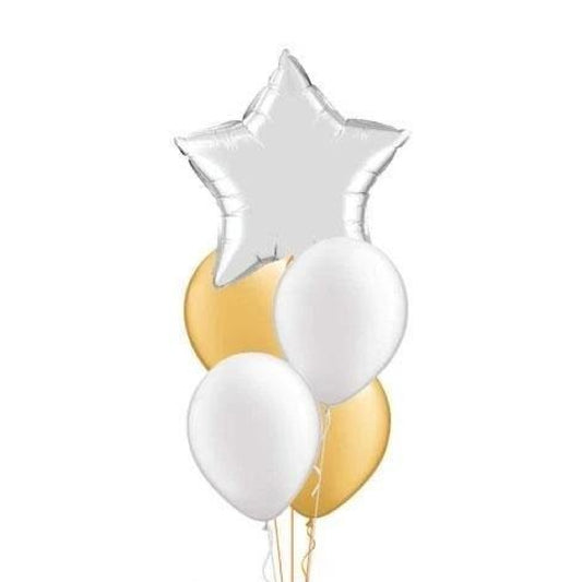 A bouquet of balloons featuring a silver star foil balloon with four white and gold latex balloons, tied together with ribbons.