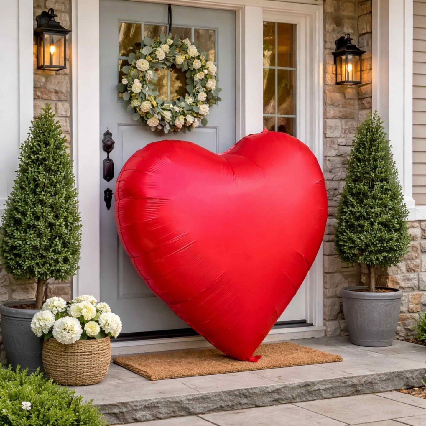 Red heart-shaped balloon on a doorstep with a wreath on the door.