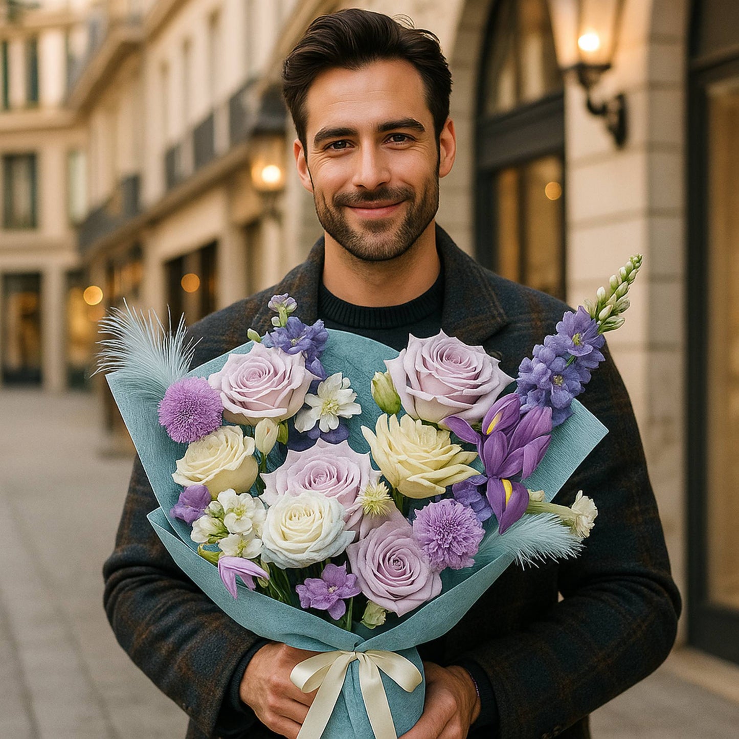 Man holding a bouquet of flowers in an urban setting