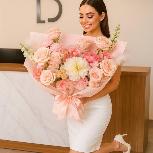 Woman holding a bouquet of pink and white flowers indoors.