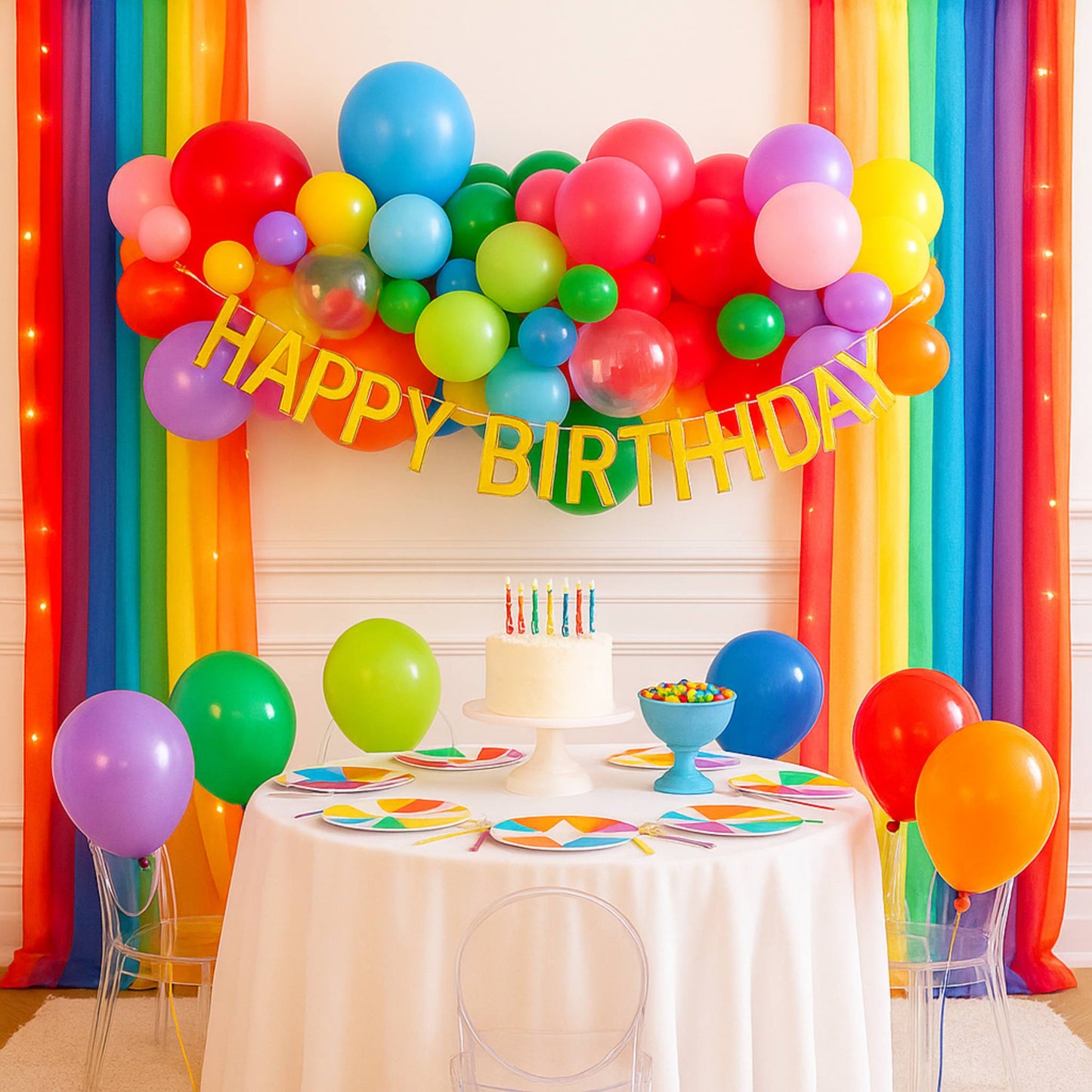 Birthday party setup with colorful balloons and a cake under a 'Happy Birthday' banner.