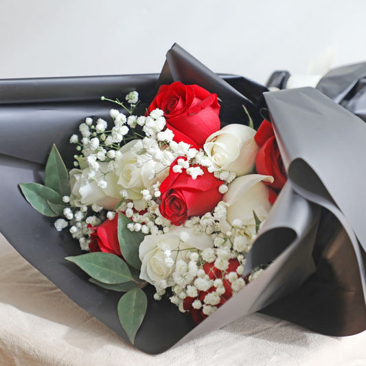 Valentines Surprise 12 Red and White Roses Bouquet
