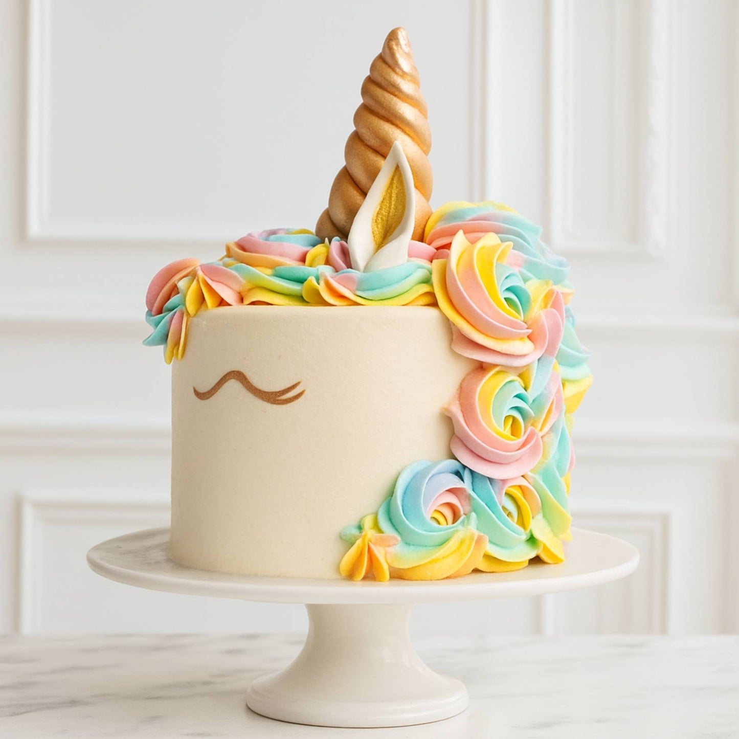 Colorful unicorn-themed cake with rainbow frosting and a white background