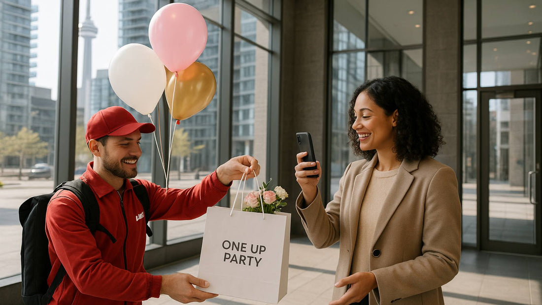 man delivery balloons and flowers to a woman in a hotel