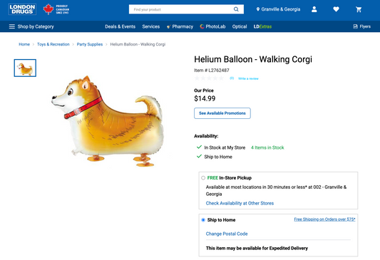 Now at London Drugs: The Adorable Helium-Filled Walking Corgi Balloon Everyone’s Talking About