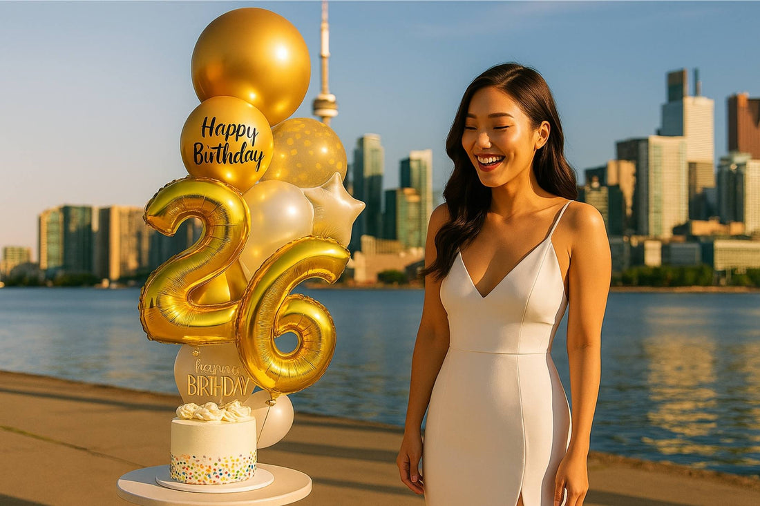 woman smiles Toronto Downtown gold balloon bouquet number 26 foil balloons
