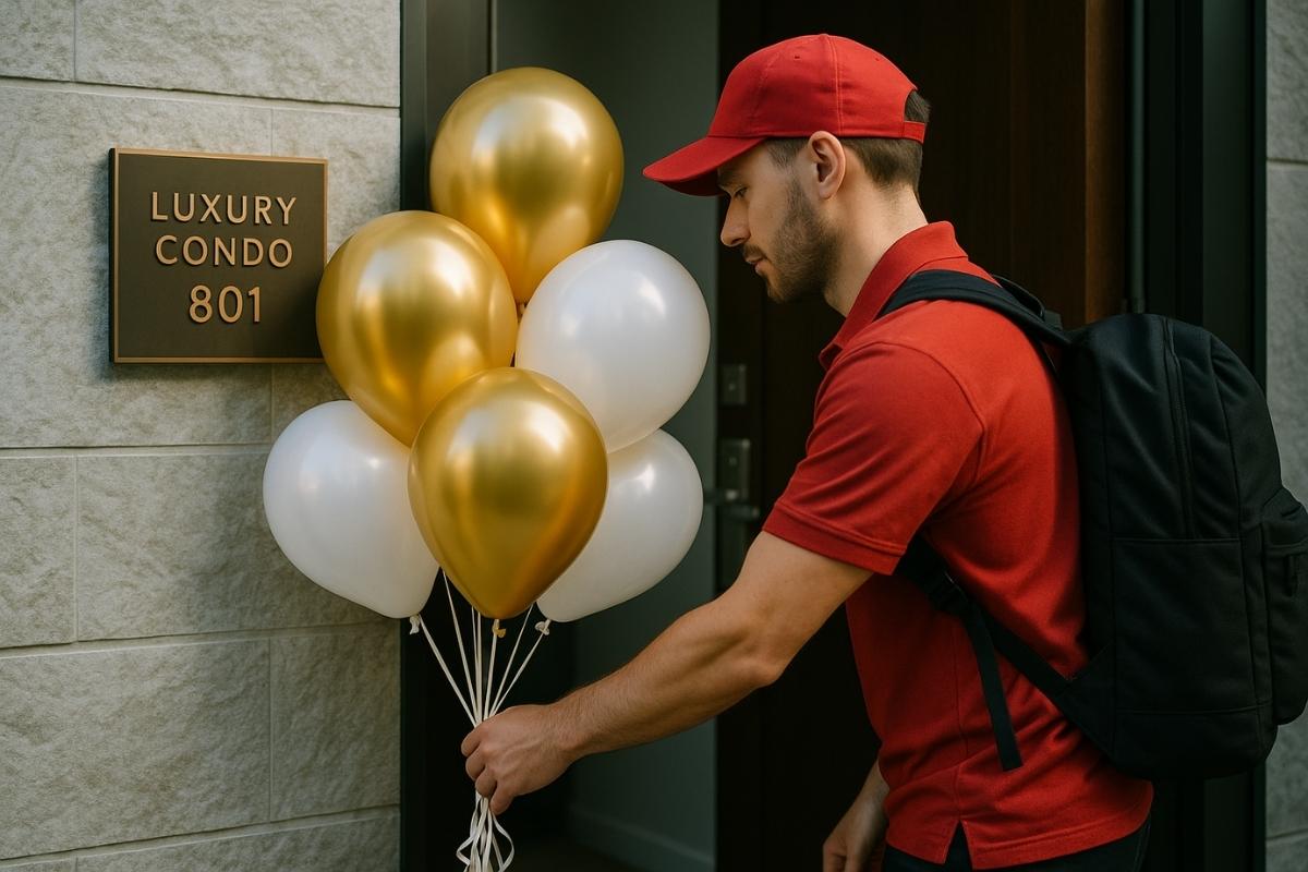 man delivers balloons to Vancouver apartment gold and white with red