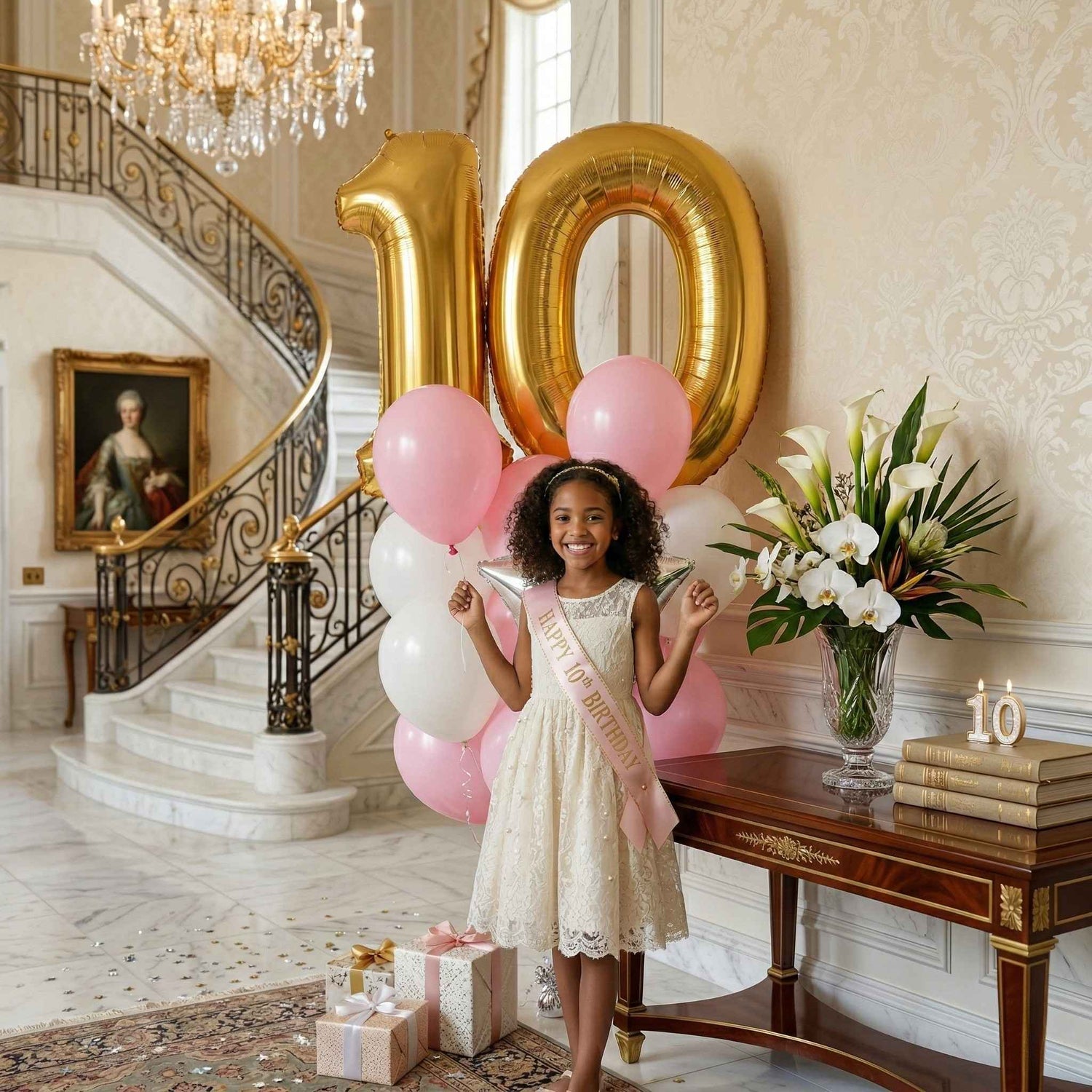 Balloon garland pink and red with gold highlights large windows city background 