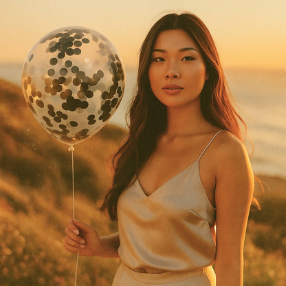 Woman holding a 11 inch helium balloon with confetti in a field at sunset