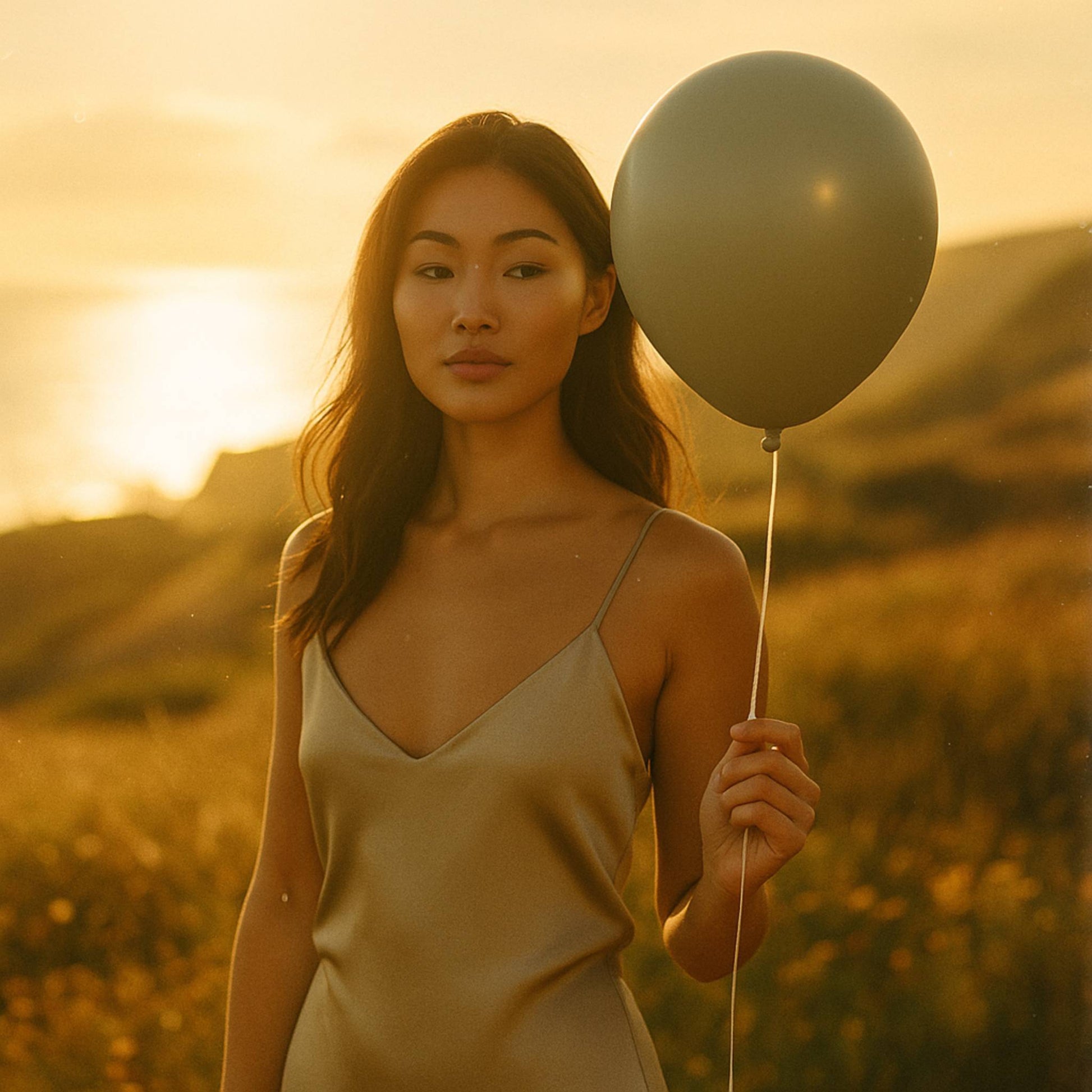 Woman holding a balloon in a field with a sunset background