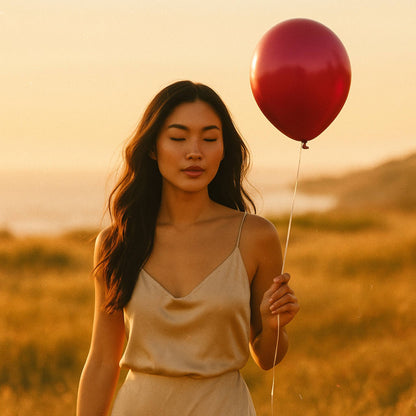 woman holding 11 inch helium balloon burgundy red